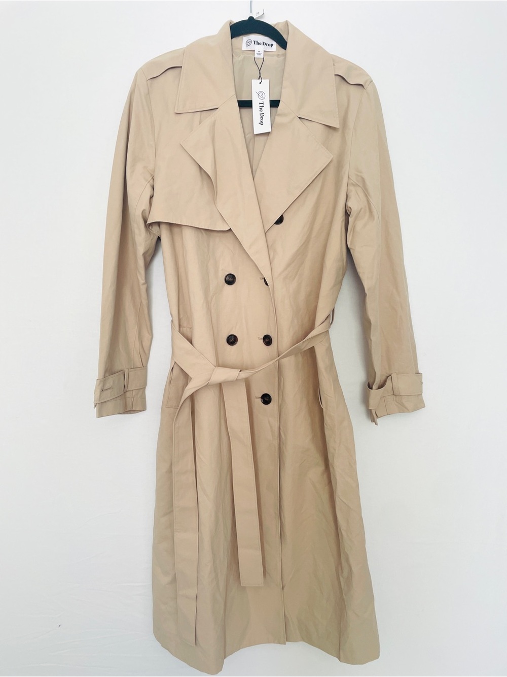 The Drop Women's Beige Trench Coat - Classic Double-Breasted Belted Trench